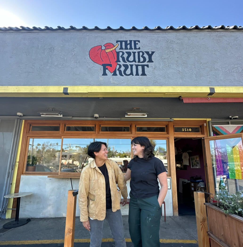 Main sign for The Ruby Fruit – enamel on stucco (Silverlake, Los Angeles)