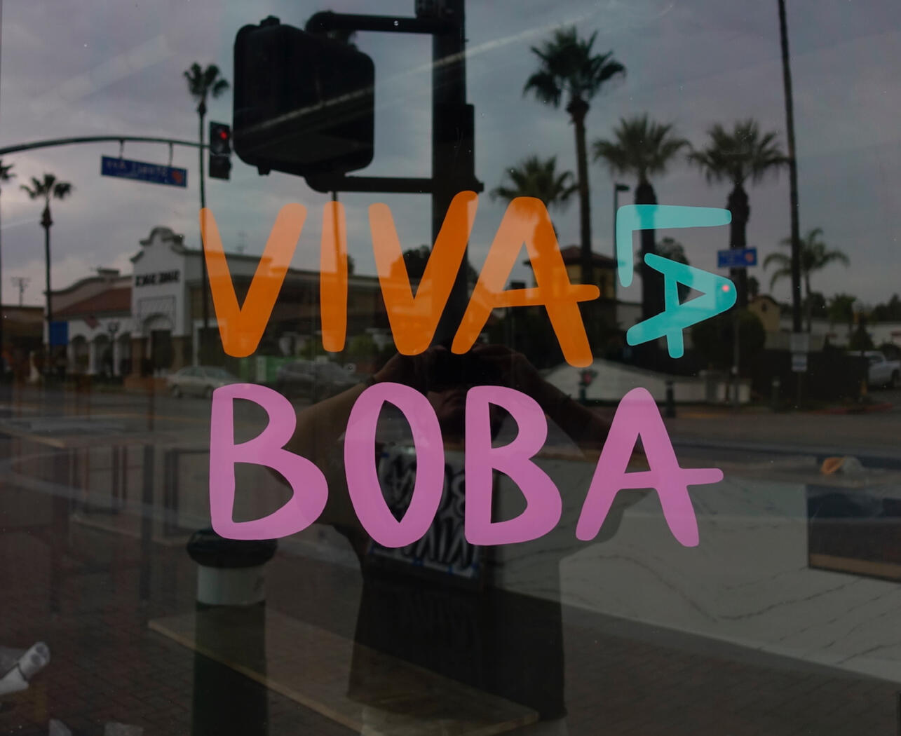 Oil-based enamel painted in reverse on glass for Viva La Boba (Redlands, CA)