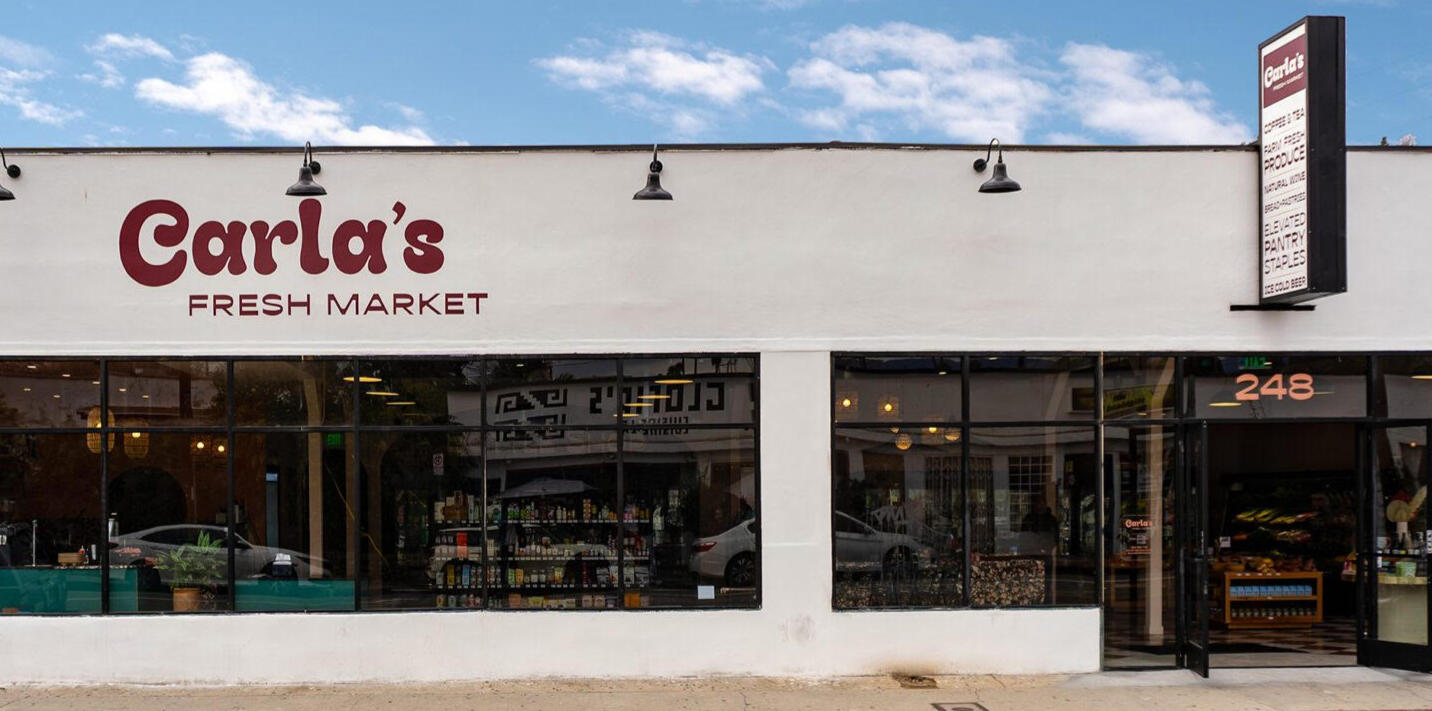 Main logo painted in water-based enamel on stucco + address &amp; hours window signs for Carla&#39;s Fresh Market in Highland Park, Los Angeles (photo courtesy of The Creative Pack)